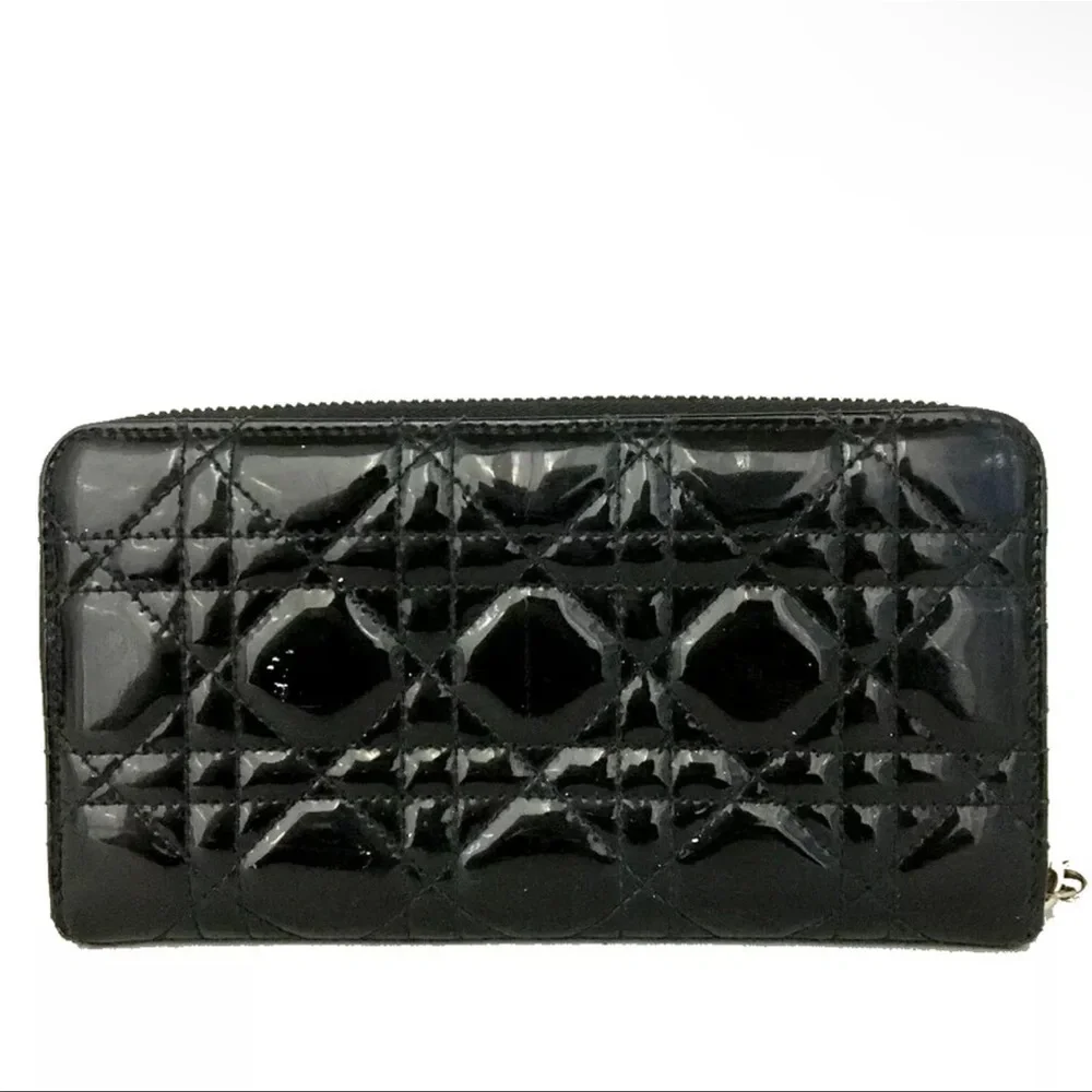 AUTH Christian Dior Cannage Patent Leather Zip Long Wallet Black